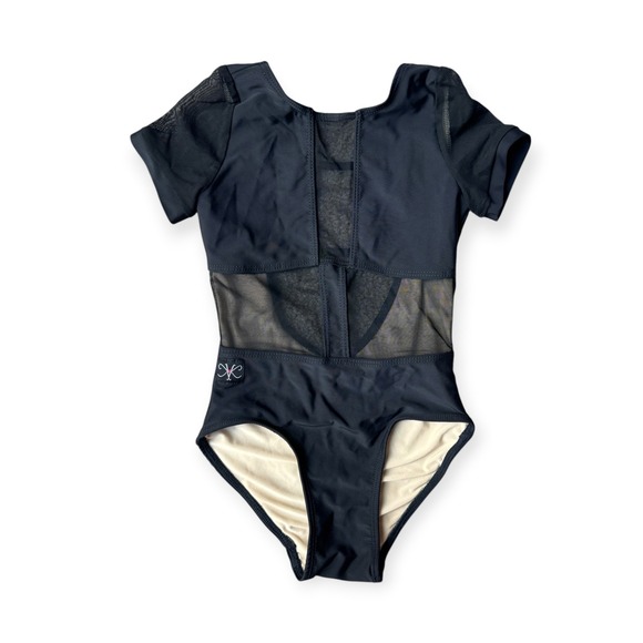 Kandi Kouture Other - Kandi Kouture Girls Black Mesh Panel Short Sleeve Dance Leotard Size CM 5/6